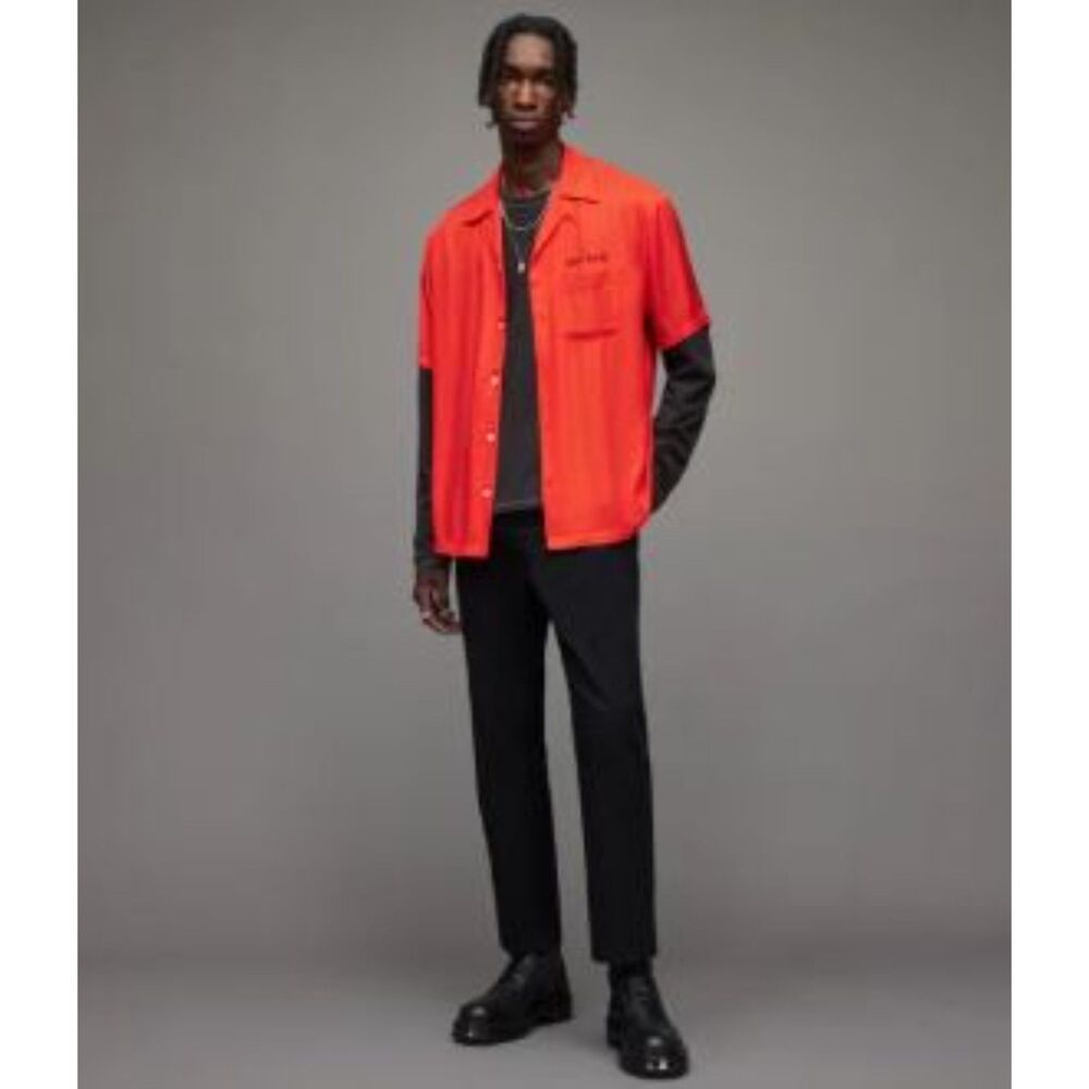 AllSaints Men's Orange New Rose Embroidered Relaxed Fit Short Sleeve Shirt L
